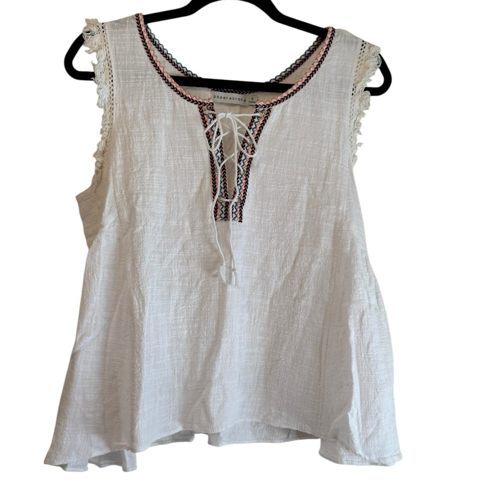 Paper Crane White Tank Top‎ with Lace and Embroidery